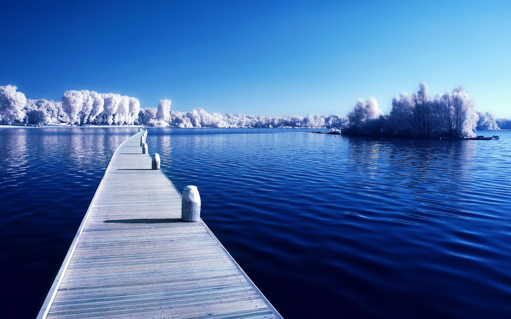 Prefect winter wooden path on lake wide winter wallpapers