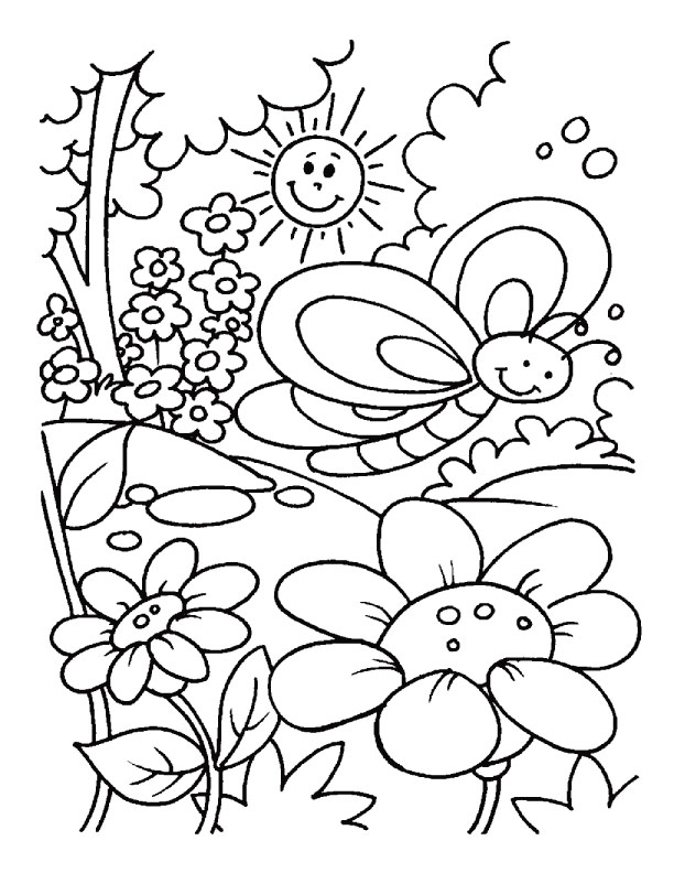 Download butterfly with sun and flowers garden spring coloring pages - Truly Hand Picked