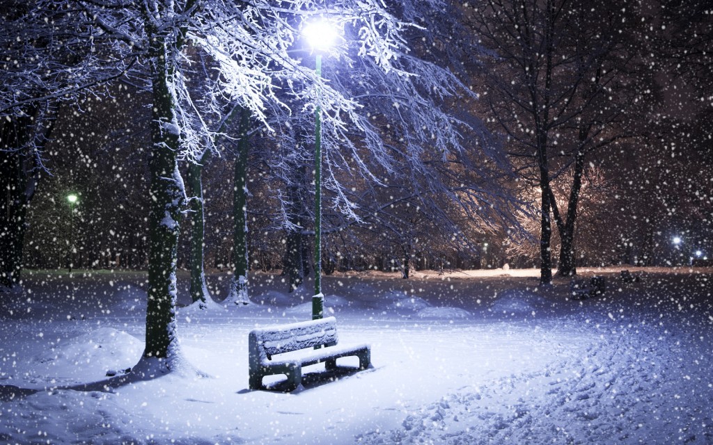 Winter Wallpaper its snowing at night park bench