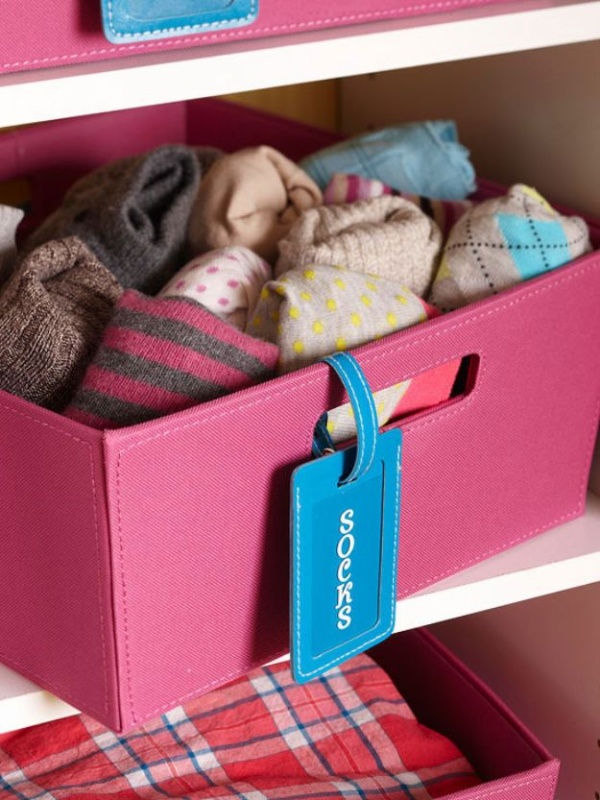 2. Closet Helper DIY Organizer in Colorful Basket Bins with Clear Tags for Different Stuff: