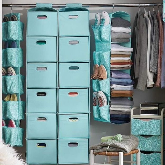 12 Appealing Closet Arrangement with color-coordinated Shelves and Vertical Storage Hangers