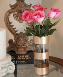8 Country Style Gold Leaf Stripe Vase with Painters Tape on Transparent Glass Surface