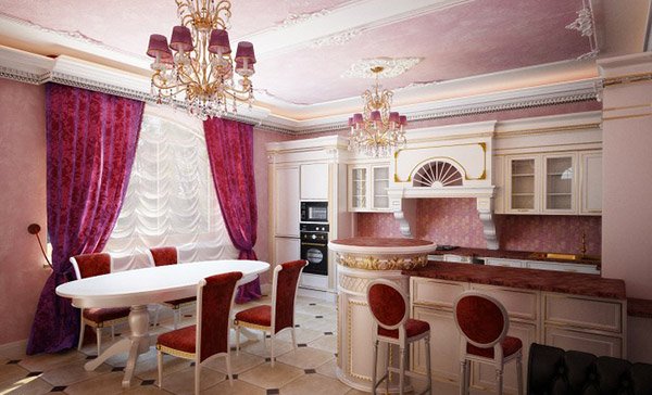 28 Deluxe Kitchen Look with Classic Pink Window Curtain Set designed in Embellished Pattern with ...