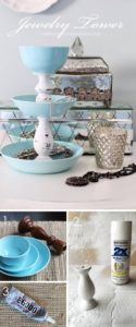 3 DIY Custom Spindle and China Jewelry Fountain Made of Plates Bowl and Wooden Pedestals