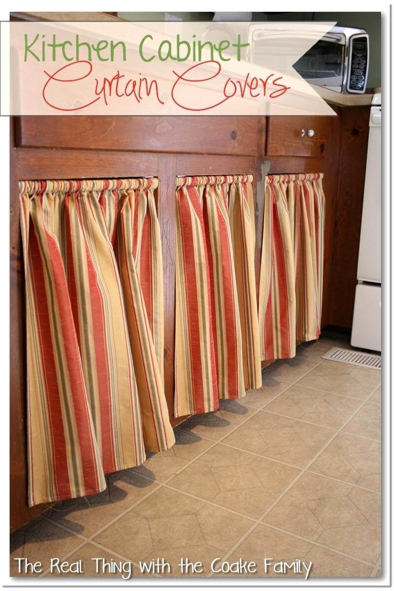 11 DIY UndertheSink Kitchen Cabinet Curtains in Recessed Style with Warm and Nice Neutral Stripe ...