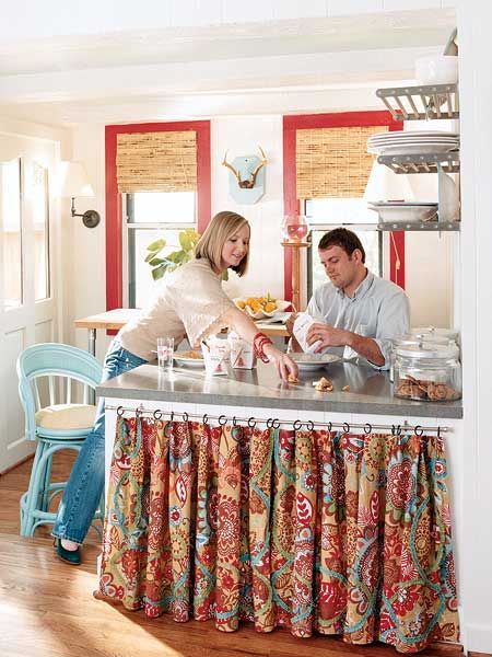 32 Highly Flared DIY Synthetic Kitchen Island Curtain with Nice Prints Hanging Through Simple Cu ...
