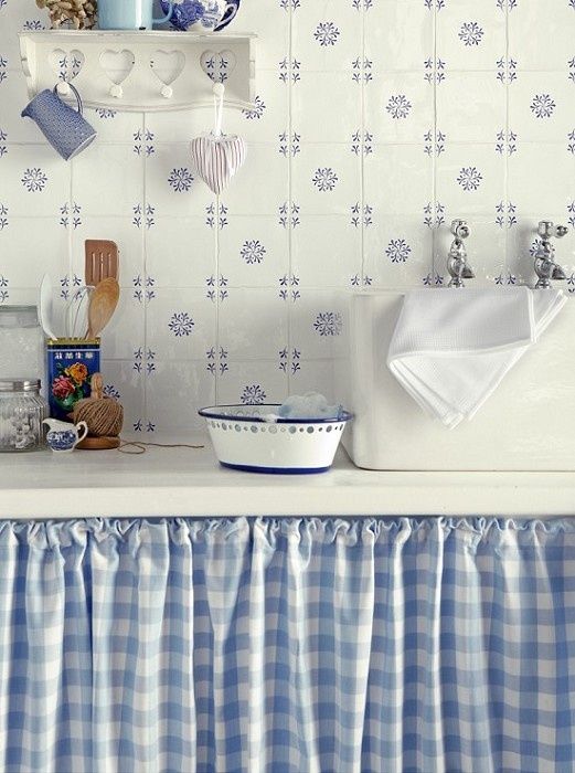38 Plain White Blue Printed Kitchen Cabinet Curtain with Several Flares Twining with the Tiling  ...