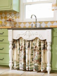 9 Total Country Style UndertheSink Cabinet Curtains with Vintage Table Leg Frame in Subtle Ivory ...