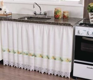 40 Utterly Trendy DIY Kitchen Cabinet Curtain with Lace Edges Hanging from White Curtain Rods fo ...