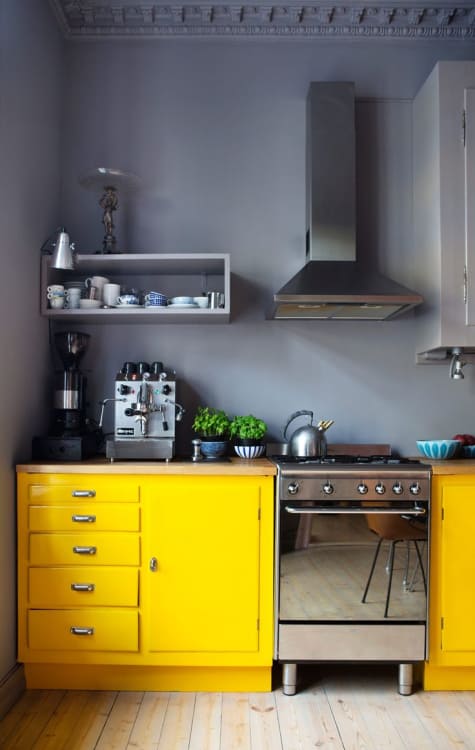 7 Vibrant Color Contrast Kitchen Look with Neutral Gray Wall Color and Canary Shade Floor Accomp ...