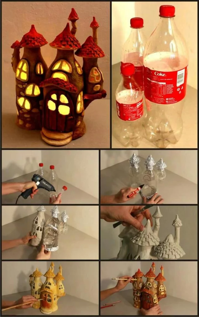 Make fairy house lamp with paper Mache and bottles