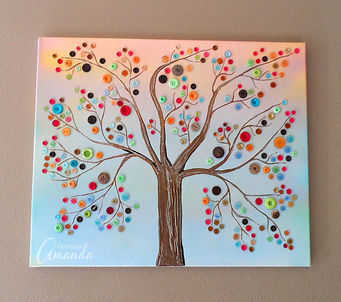 Pretty Canvas Project: Button Tree with Colorful LEaves and Flowers