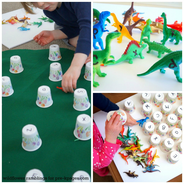 Dinosaur Alphabet Matching Game Idea with Plastic Cups and Miniature Dinosaur