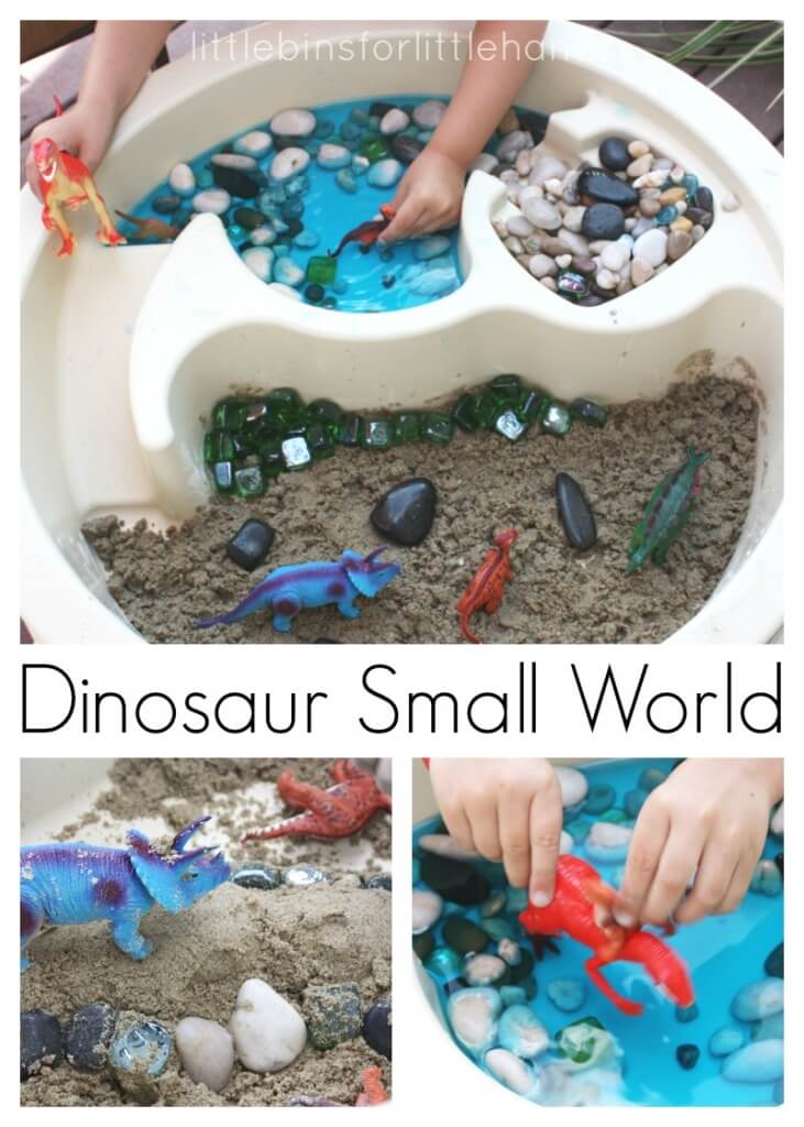 DIY Dinosaur Activity: Dinosaur Sensory Bin Small World with Pebbles and Sand