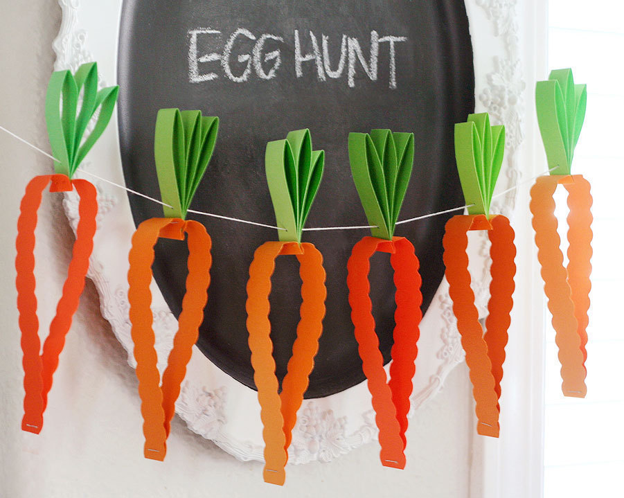 Wonderful Easter Decor Idea with Egg Hunt Board and Paper Carrot Garland