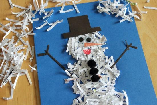 DIY Snowman Craft with Shredded Paper Pieces and Pom Poms