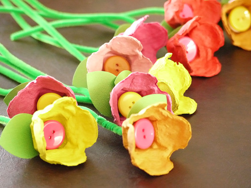 Inspirational Egg Carton Tulip Crafts with Button Center and Pipe Cleaner Stems