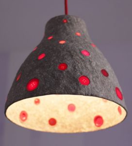 Just for Inspiration Paper mache pendant light with red buttons recycled paper
