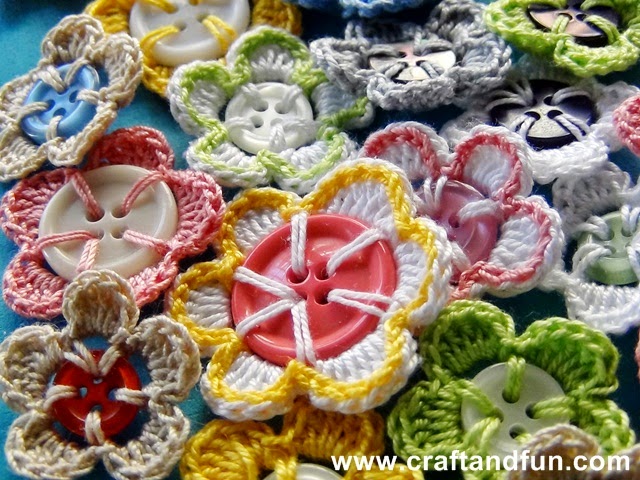 Yarn-Button Flower Craft in Different Rich Shades