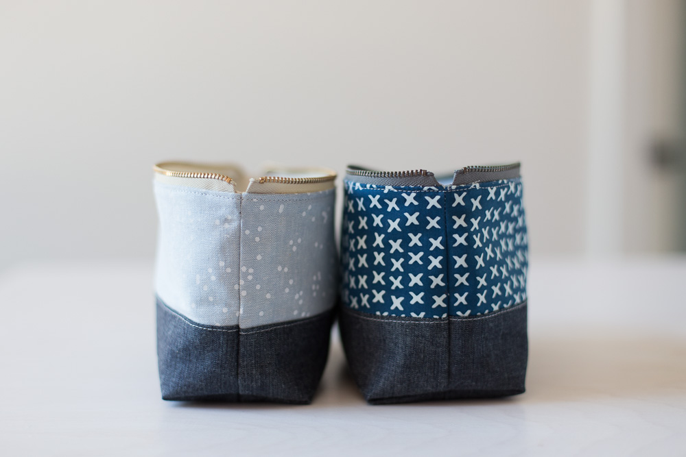 Open-Wide Zippered Pouch Project With Rustic Jeans Bottom by Noodlehead