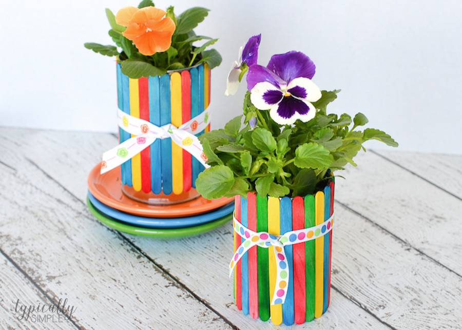 Craft Stick Flower Pot Over Tin Can Surface: DIY Mother’s Day Craft Idea