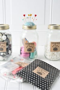 DIY Mason Jar Sewing Kit with Free Printable Tags and Pin Cushion Heads