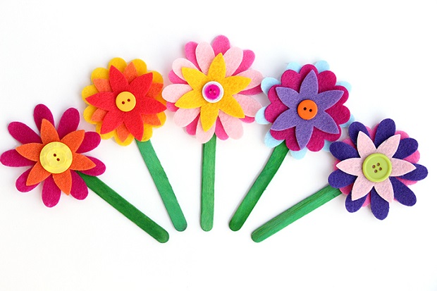 Vibrantly Beautiful Felt Flowers on Popsicle Stick Stems