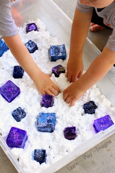 Frozen Shaving Cream Sensory Play with Glittery Ice Cubes in Galaxy Touch