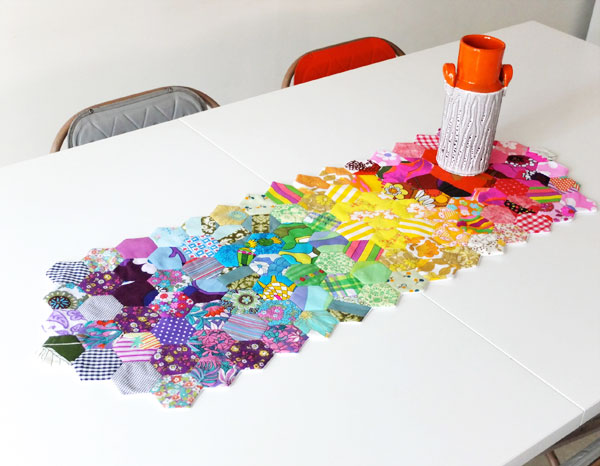 DIY Hexagon Table Runner with Vibrantly Colorful Fabric Scraps