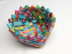Woven Fabric Basket From Multicolor Scrap Fabric Pieces with Nice Sharp Petal-Sharp Edges