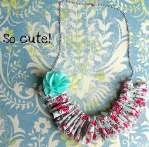 Shabby Chic Ruffle Necklace with Fabric Scraps in Floral Designs and a Catchy Flower End
