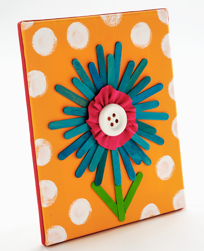 Simple Yet Attractive Canvas Art with Popsicle Sticks Flower and Button Pistil