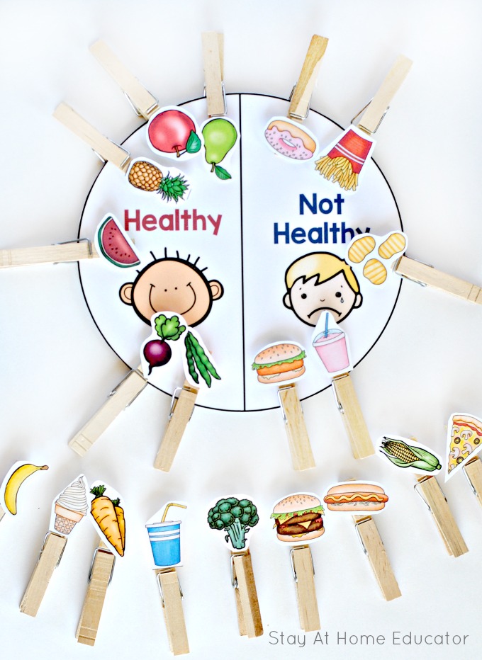 Printable Food and Nutrition Activities for Preschoolers with Clothespin Indications