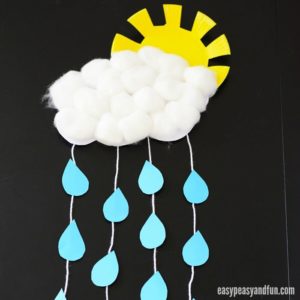 Rain Cloud Paper Craft with a Paper Plate Sun, Cotton Ball Cloud and Paper Raindrops