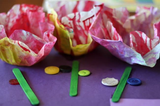 Starched Coffee Filter Flowers Crafts with Popsicle Stick Stems and Button Pistils