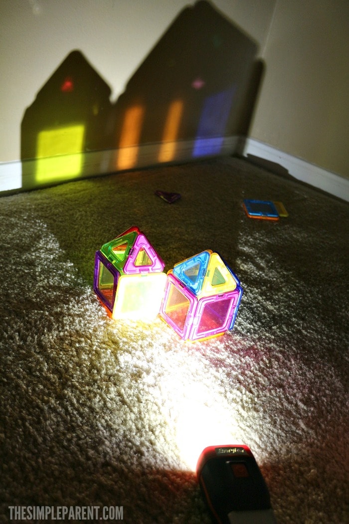 Colorful STEM Preschool Activities for kids with Light and Blocks