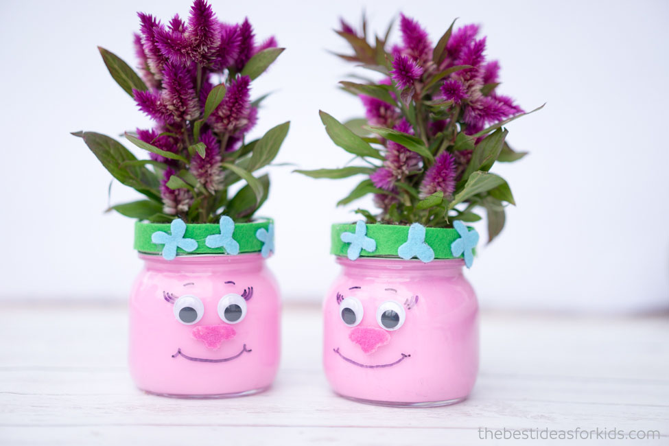 Super Adorable Trolls Mason Jars with Spray Primer Accent and Celosia Intenz Plant