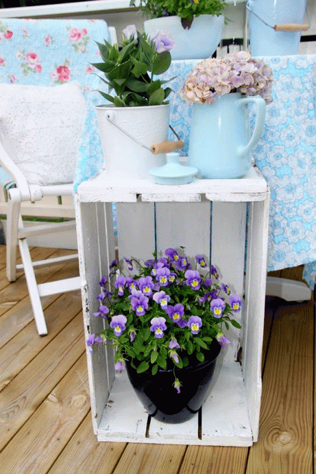 Simple Porch Decor Idea with Painted Wooden Crate Plant Stand and Unusual DIY Planters