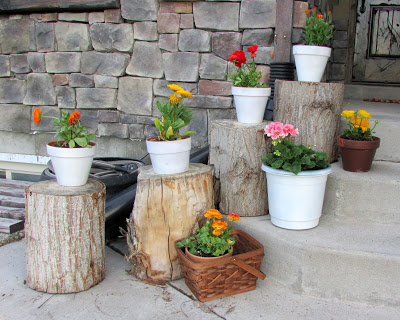 Stunning Summer Front Porch Decorations with Different Types of Planters Over Tree Logs