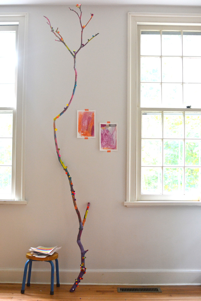 A Painted Branch Craft with Pretty Pom-Pom Decorations: DIY Collaborative Art with Kids
