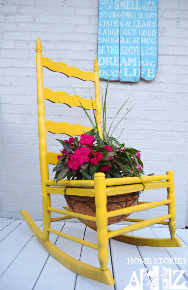 Unique Rocking Chair Planter with Bold Yellow Accent for A Captivating Porch Look