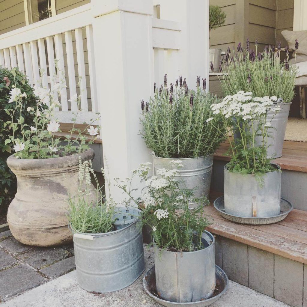 French Style Porch Entrance Decor with Re-Purposed Metallic Planters