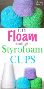 Tutorial of DIY Glittery Floam with Bold CColor Accents Made of Styrofoam Cups