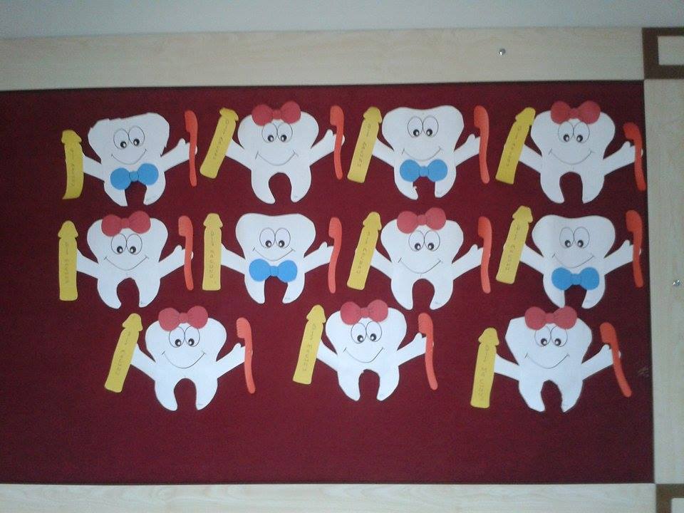 Dental Health Craft Idea for Kids: A Bunch Cute Teeth with Brush and Paste Out of Paper Scraps
