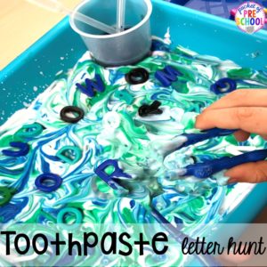 Toothpaste Letter Hunt Sensory Play Idea: Dental Health Themed Activities