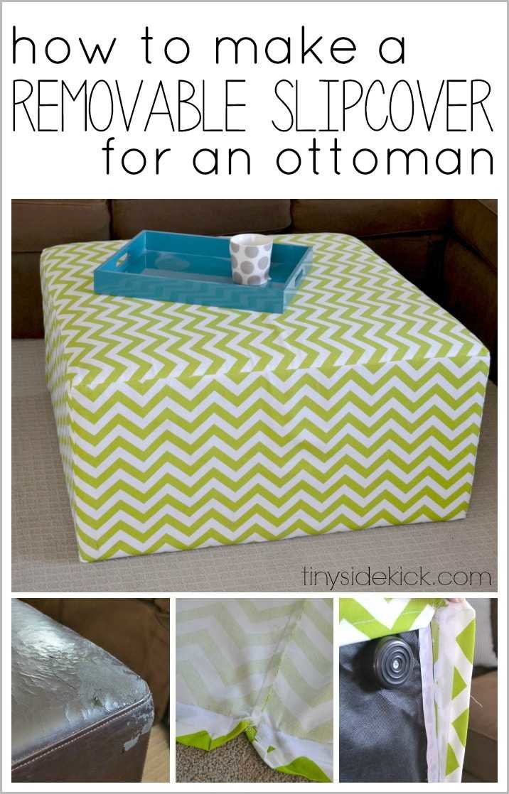 DIY Slip Covered Ottoman with Washable Cotton Cover