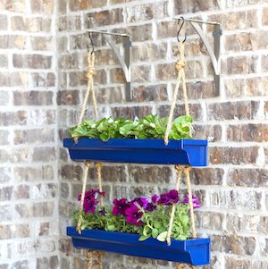DIY Haning Rain Gutter Planter in Tiered Shape with Charming Bold Blue Accent