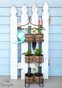 SImple Outdoor Herb Gardening with Usual Planters Set on Metallic SHower Caddy
