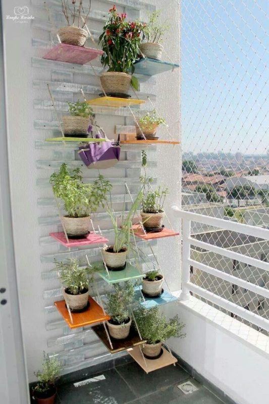 Super Stylish Vertical Herb Gardening Idea with Painted Shelves Set on Wall in Stair-Pattern