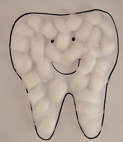 Cute Giant Tooth Craft Idea for Kindergarten Schoolers with Cotton Balls Over Large Tooth Template